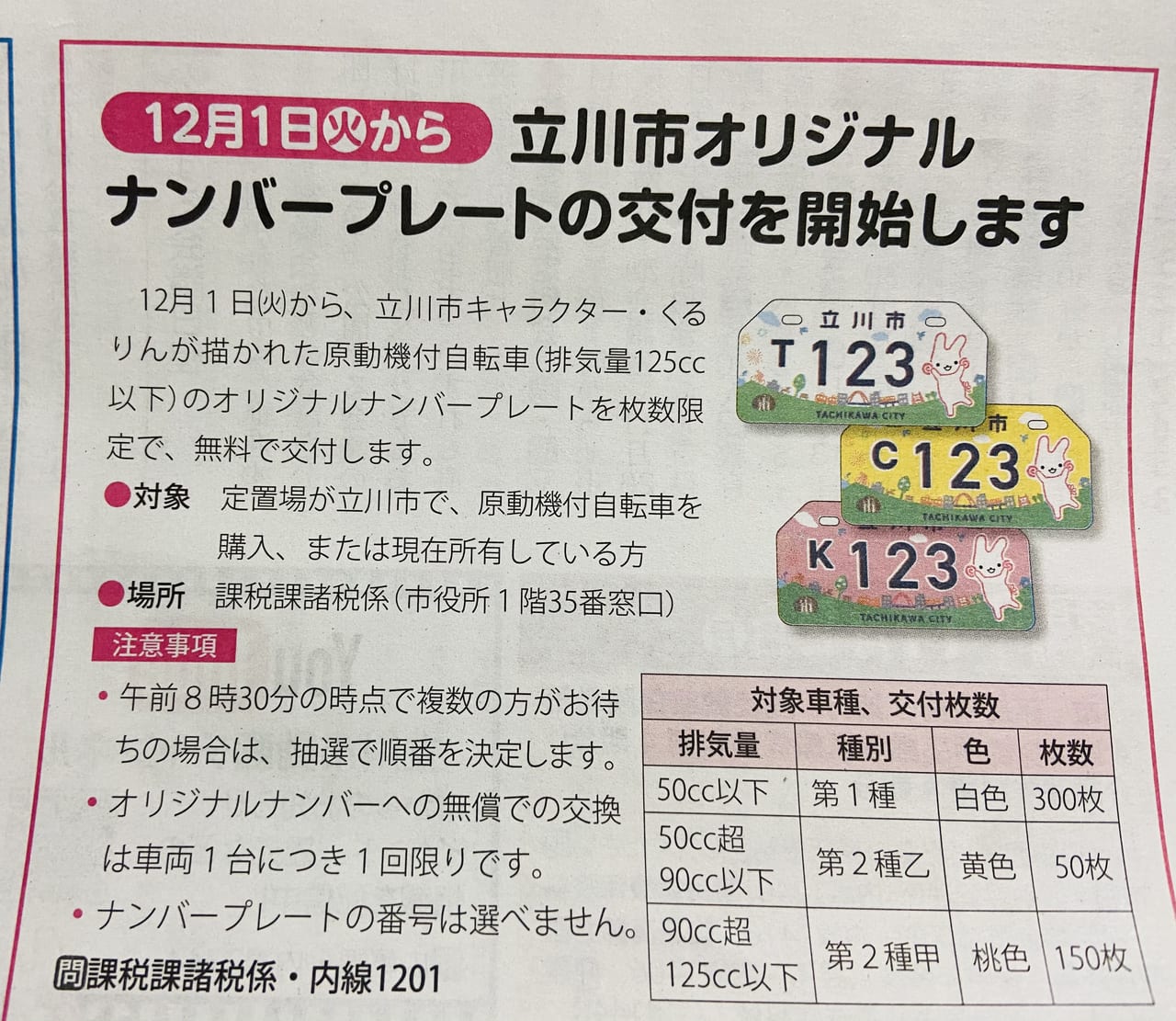 立川市 くるりんが原動機付自転車のオリジナルナンバープレートに 12月１日から枚数限定で無料交付されます 号外net 立川市 昭島市